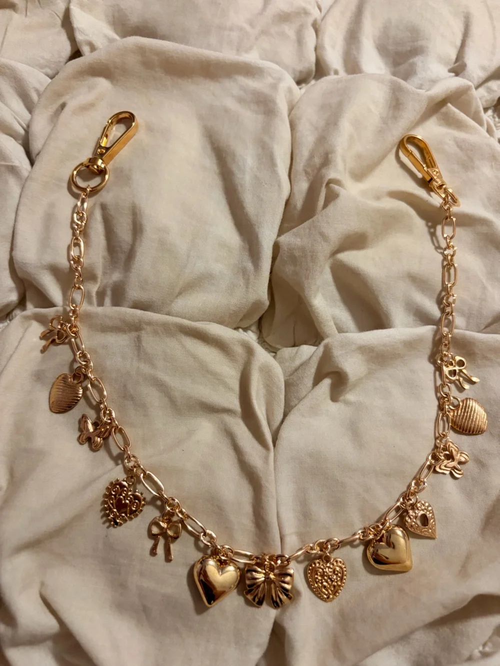 Free People Gold Tone Coquette Heart Bow Multi-Charm Bag Chain Strap